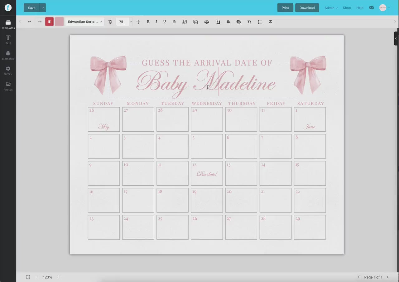 Pink Bow Guess the Due Date Calendar Baby Shower Game Sign, Guess the Arrival Date, Bow Girl Baby Shower, Template Instant Download TEMPLETT