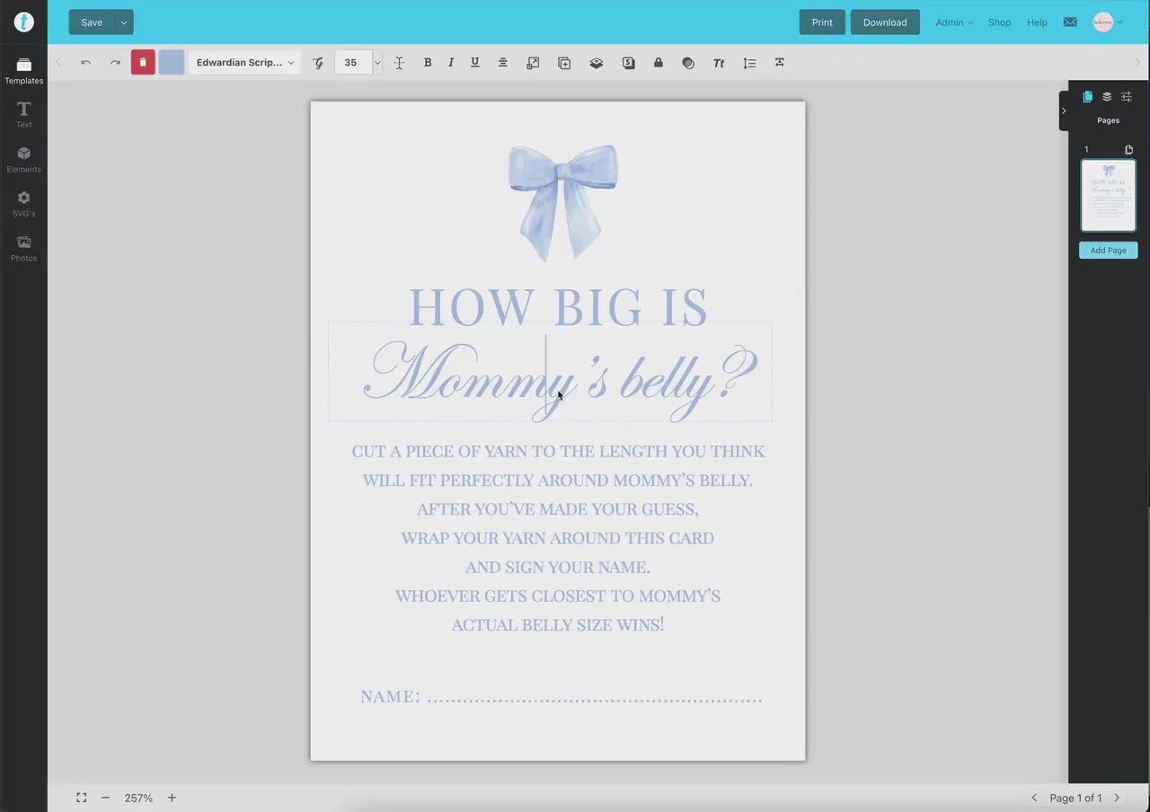 How Big is Mommy's Belly Blue Bow Baby Shower Game, Guess the Belly Size String Game, Boy Baby, Editable Template Digital Download TEMPLETT