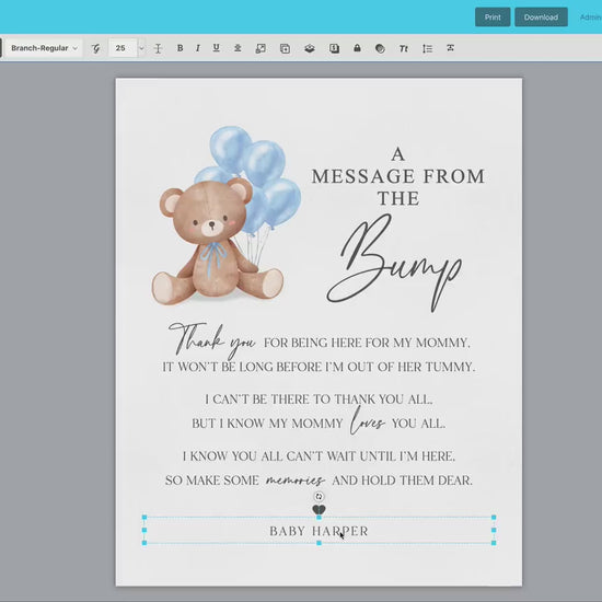 A Message from the Bump Baby Shower Sign, Bump Sign, Message From Baby, Bear Blue Balloons, Boy Baby Shower, PRINTABLE Template Download