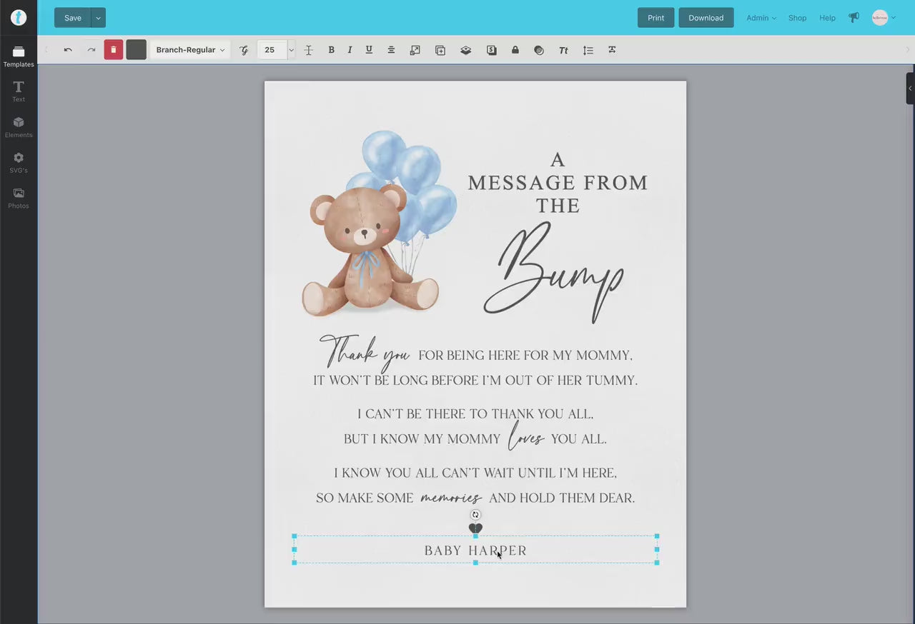 A Message from the Bump Baby Shower Sign, Bump Sign, Message From Baby, Bear Blue Balloons, Boy Baby Shower, PRINTABLE Template Download