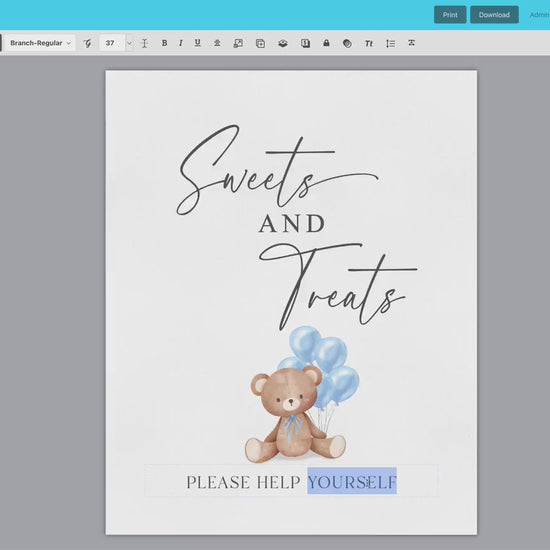 Sweets and Treats Baby Shower Favors Printable Sign, Bear with Blue Balloons, Boy Baby Shower, Baby Sprinkle, Template Download Templett