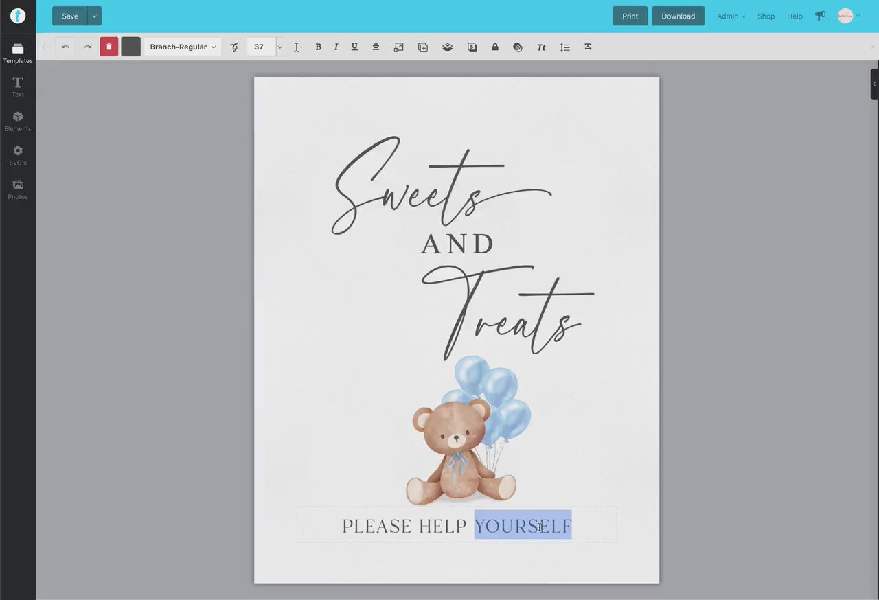 Sweets and Treats Baby Shower Favors Printable Sign, Bear with Blue Balloons, Boy Baby Shower, Baby Sprinkle, Template Download Templett