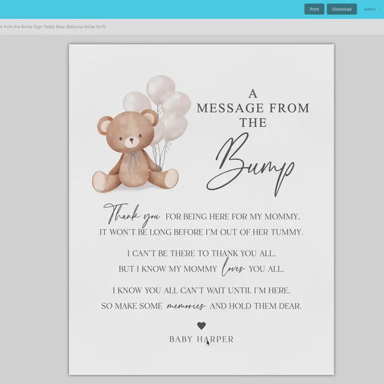 A Message from the Bump Baby Shower Sign, Message From Baby, Bear White Balloons, Girl Boy Baby Shower, PRINTABLE Template Download Templett