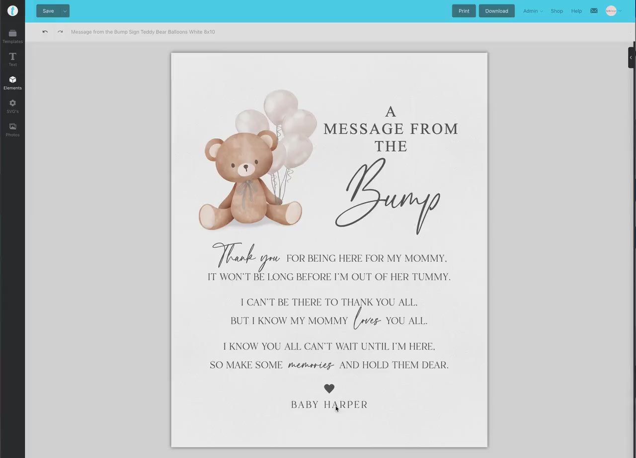 A Message from the Bump Baby Shower Sign, Message From Baby, Bear White Balloons, Girl Boy Baby Shower, PRINTABLE Template Download Templett