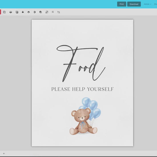 Food Buffet Tent Card + Sign, Bear Baby Shower, Teddy Boy with Bow + Blue Balloons, Sprinkle, We Can Bearly Wait, Template Download Templett