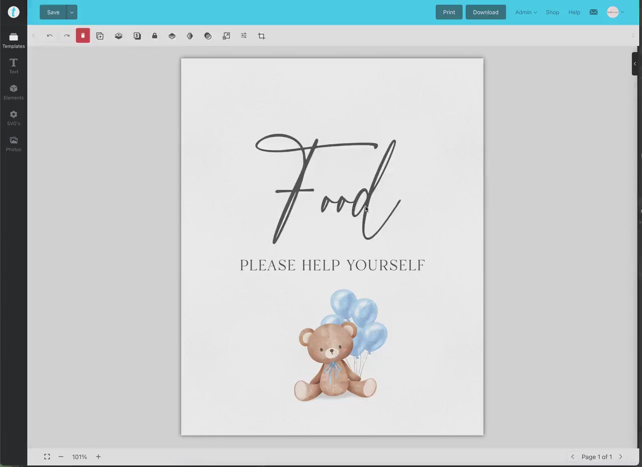 Food Buffet Tent Card + Sign, Bear Baby Shower, Teddy Boy with Bow + Blue Balloons, Sprinkle, We Can Bearly Wait, Template Download Templett