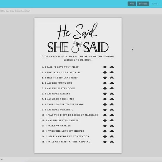 He Said She Said PRINTABLE Bridal Shower Game . Couples Shower Bachelorette Party . Kraft + Minimalist . Editable Template Download Templett