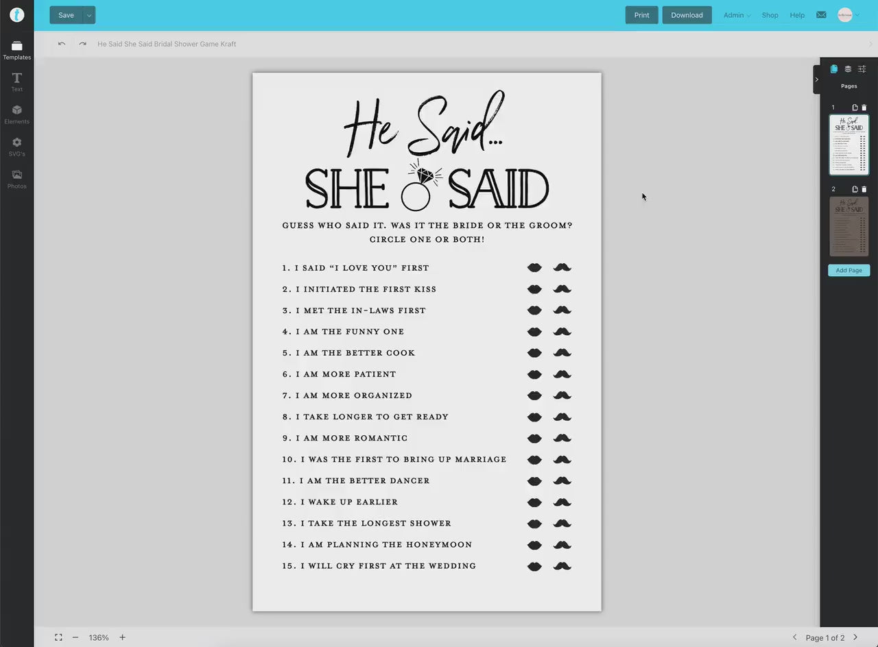 He Said She Said PRINTABLE Bridal Shower Game . Couples Shower Bachelorette Party . Kraft + Minimalist . Editable Template Download Templett