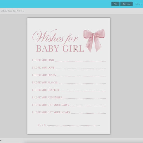 Wishes for Baby Card Pink Bow Baby Shower Game, Girl Baby Sprinkle Game, Printable Editable Template Instant Digital Download TEMPLETT