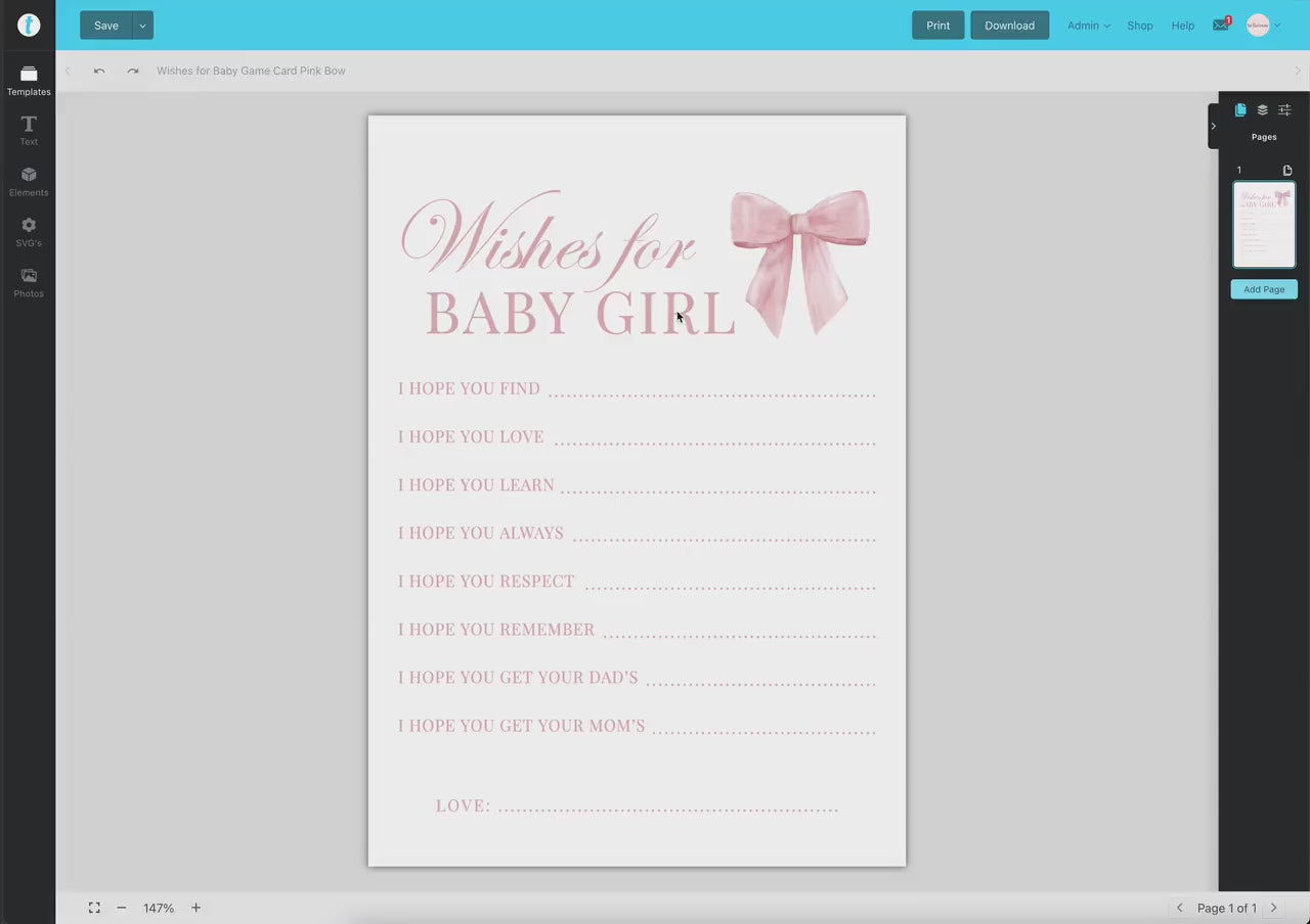 Wishes for Baby Card Pink Bow Baby Shower Game, Girl Baby Sprinkle Game, Printable Editable Template Instant Digital Download TEMPLETT