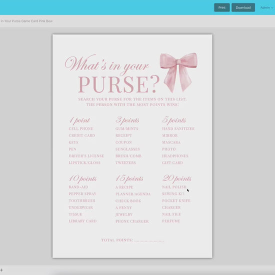 What's in Your Purse Game Pink Bow Baby Shower Game, Girl Baby Sprinkle Game, Printable Editable Template Instant Digital Download TEMPLETT