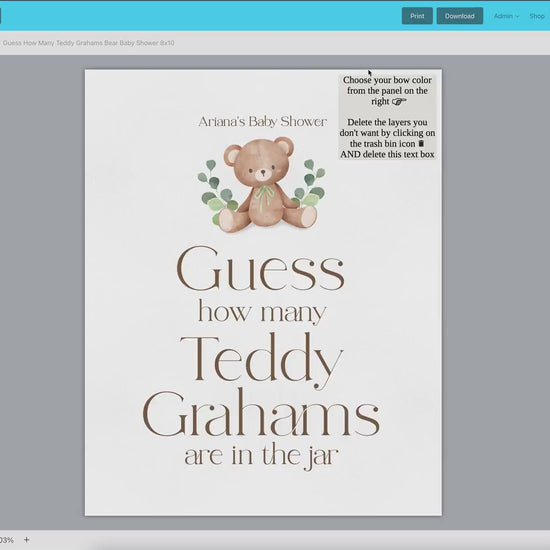 Guess How Many Teddy Grahams Editable . Teddy Bear Baby Shower Blue Pink Green Gender Neutral . PRINTABLE Templett Instant Download B1-T