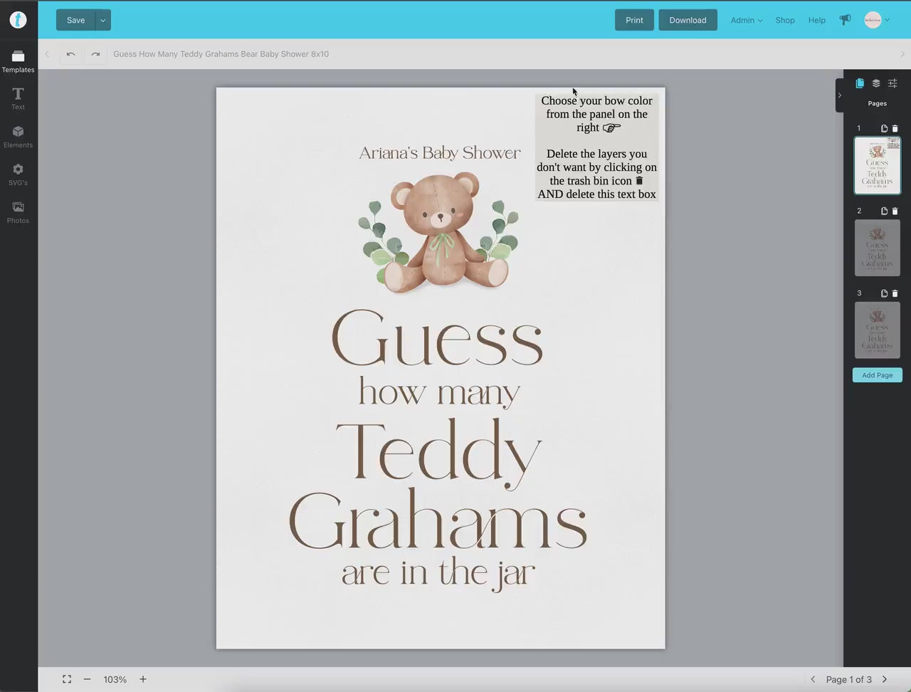 Guess How Many Teddy Grahams Editable . Teddy Bear Baby Shower Blue Pink Green Gender Neutral . PRINTABLE Templett Instant Download B1-T